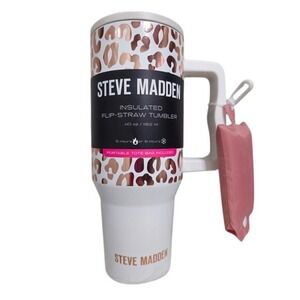 Steve Madden Flip Straw Tumbler 40 oz Leopard Print Rose Gold‎ White NWT